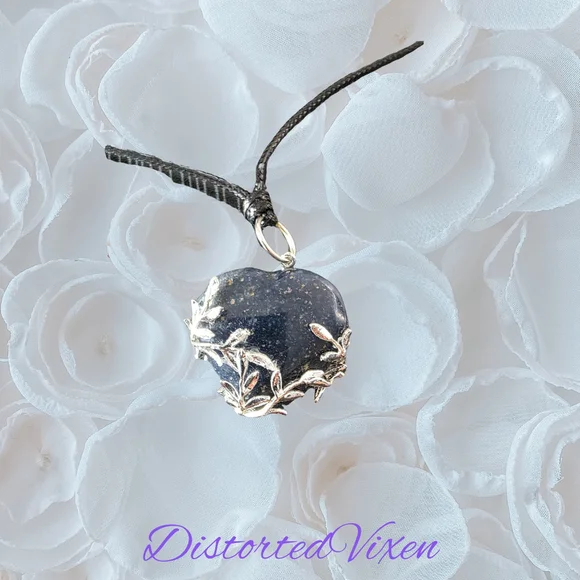 Lapis Lazuli Leaf Pendant Necklace – Silver Leaf Wrapped Blue Stone Black Cord - Picture 5 of 7